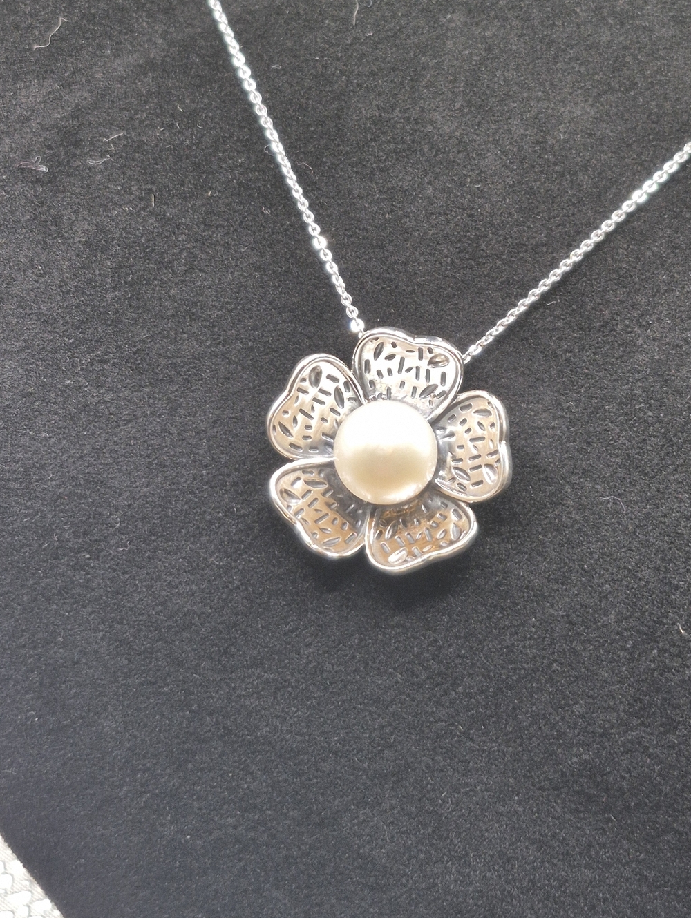 Sterling Silver  Filigree Flower Pendant with Pearl Center Stone